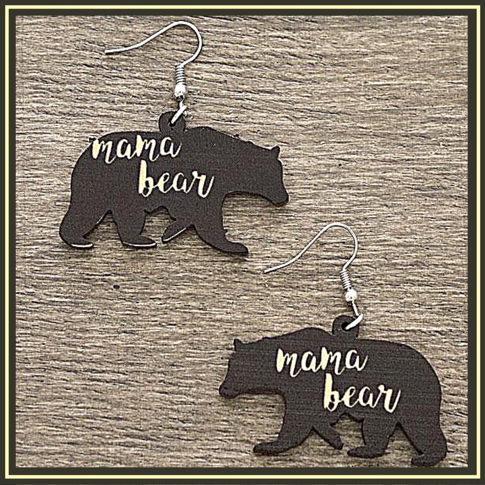 Mama Bear Fishhook Lightweight Wooden Earrings NWT